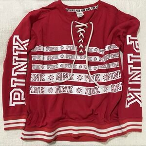 PINK Victoria's Secret Red Striped Tie Front Women's Medium Sweatshirt Crewneck